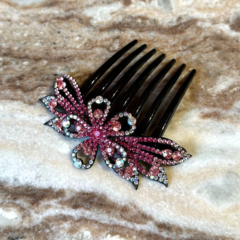 Oversized Pink Crystal Rhinestone Flower Hair Comb Black Acrylic Base Felt Back - Picture 1 of 2